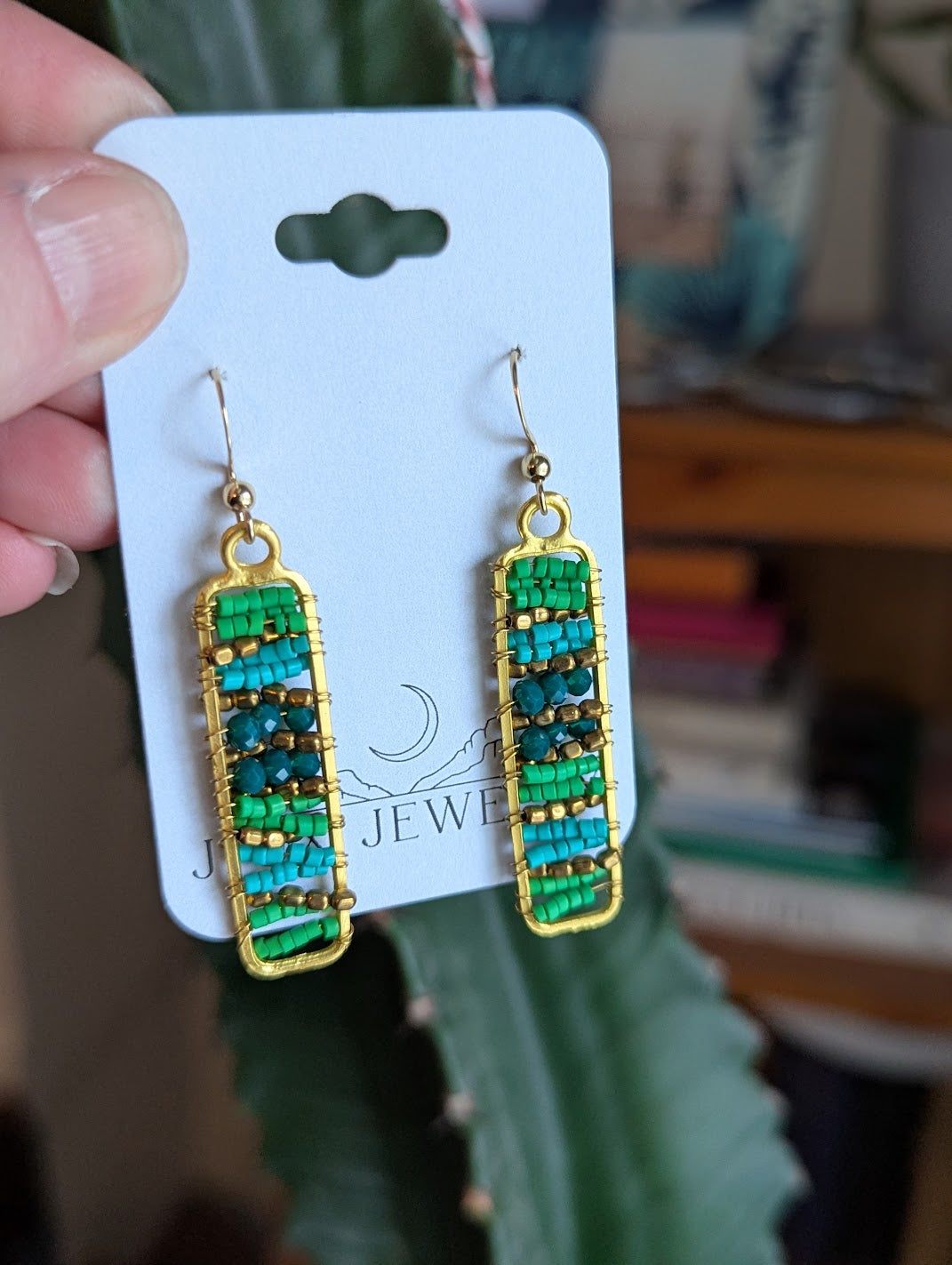 Greens and Gold Beaded Rectangle Gold Earrings