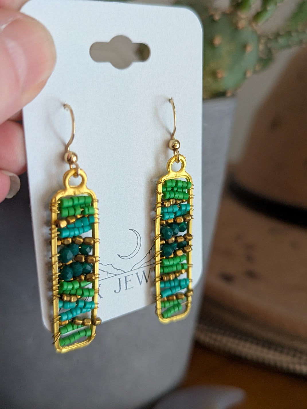 Greens and Gold Beaded Rectangle Gold Earrings