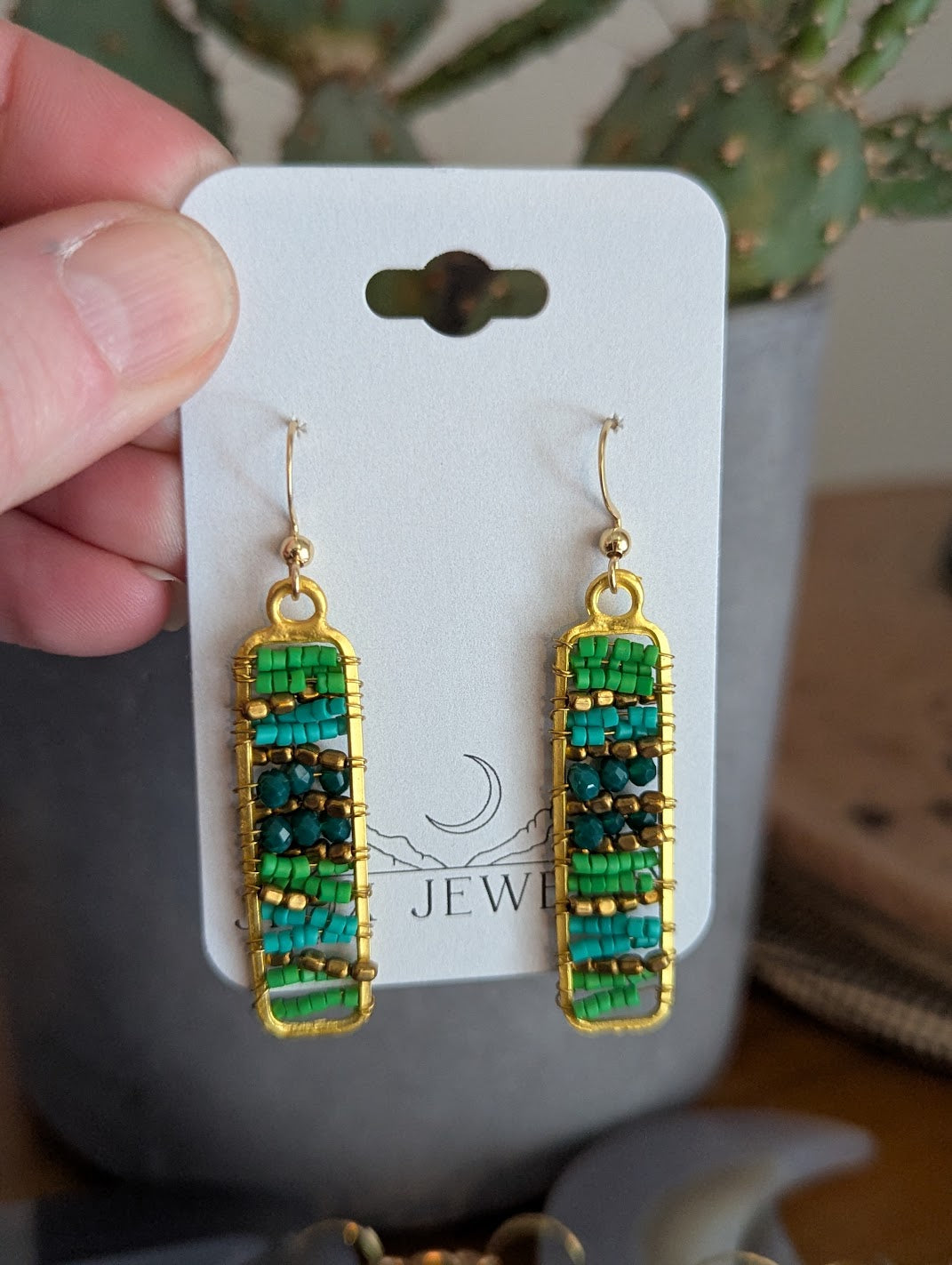 Greens and Gold Beaded Rectangle Gold Earrings