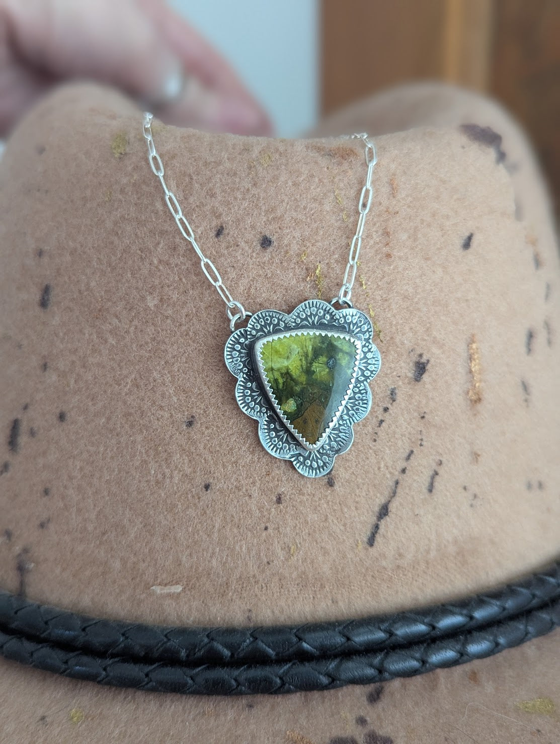 Green Opal Triangle Stamped Sterling Silver Necklace