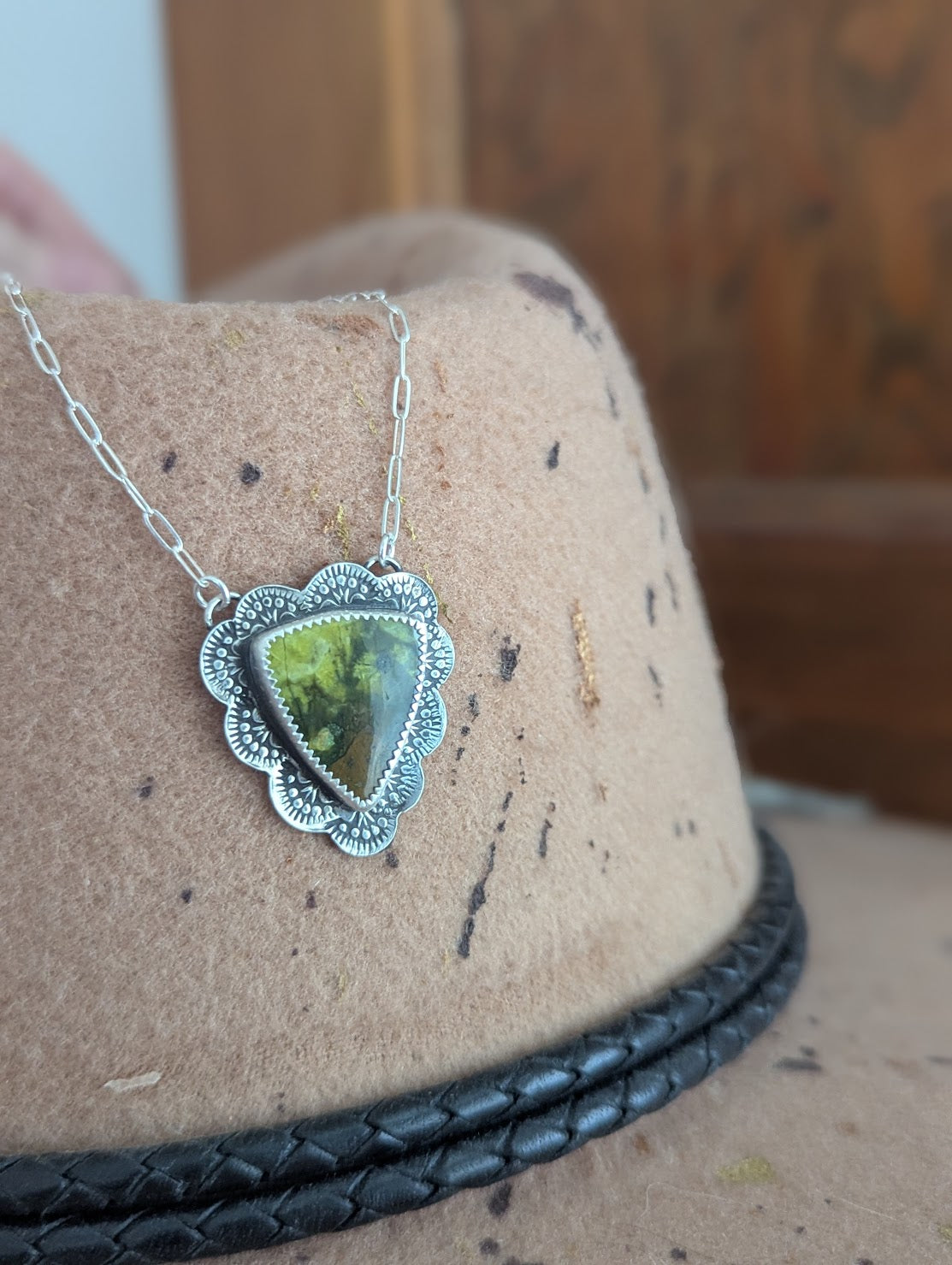 Green Opal Triangle Stamped Sterling Silver Necklace