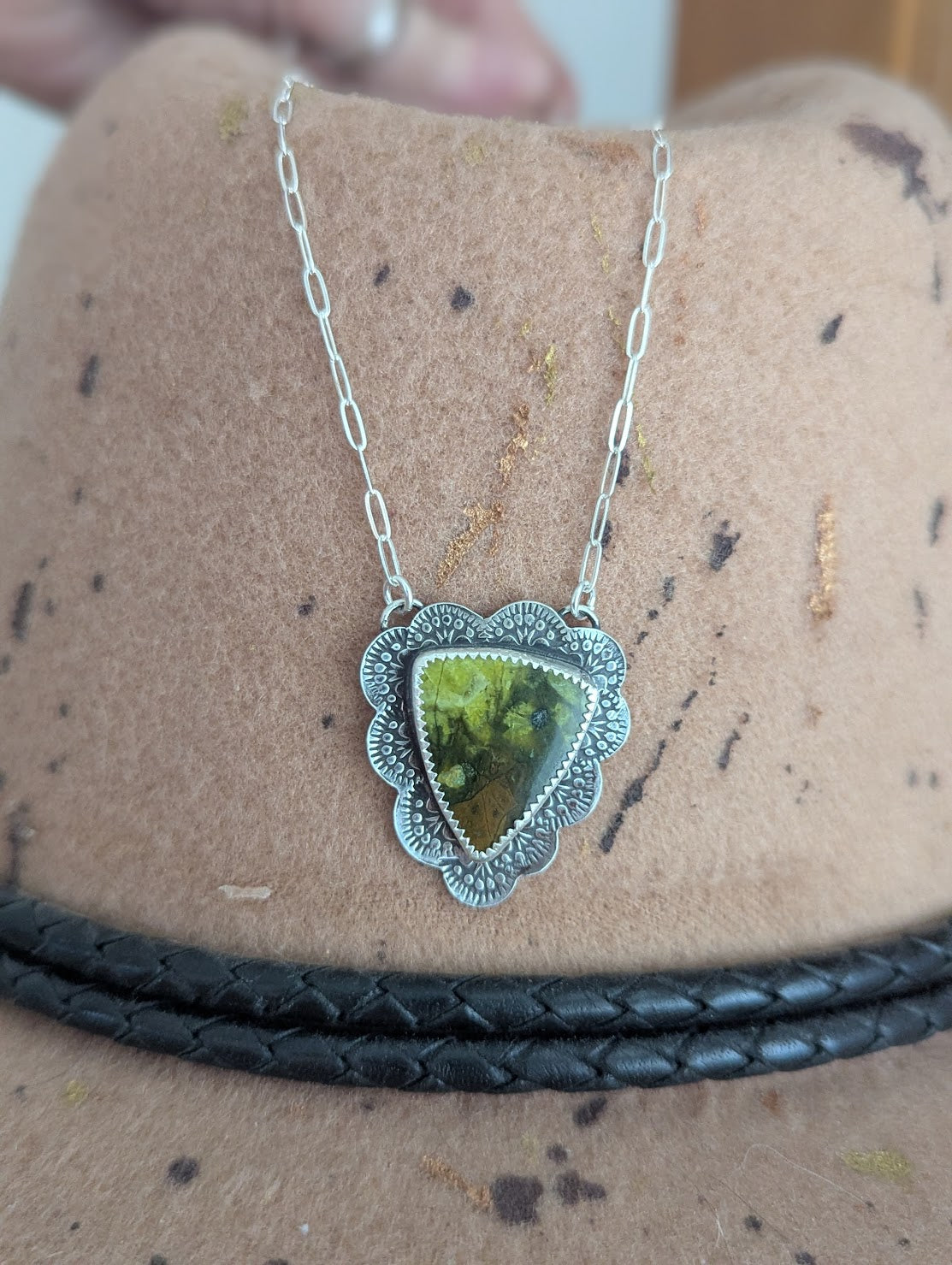 Green Opal Triangle Stamped Sterling Silver Necklace
