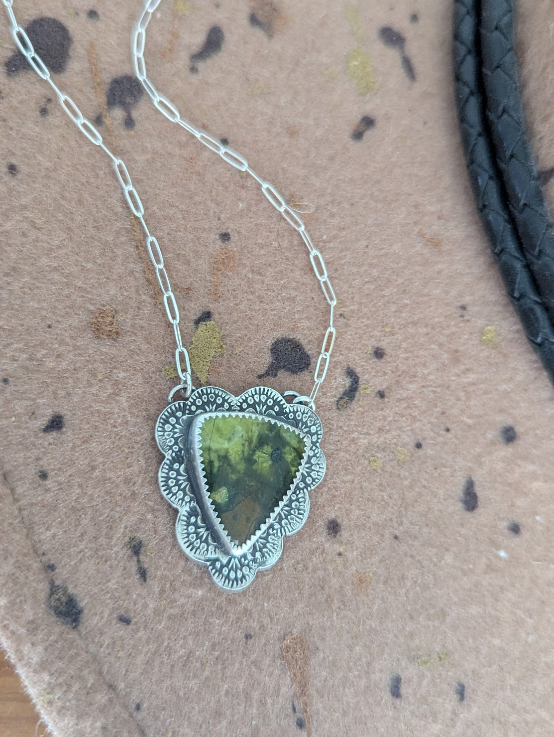 Green Opal Triangle Stamped Sterling Silver Necklace