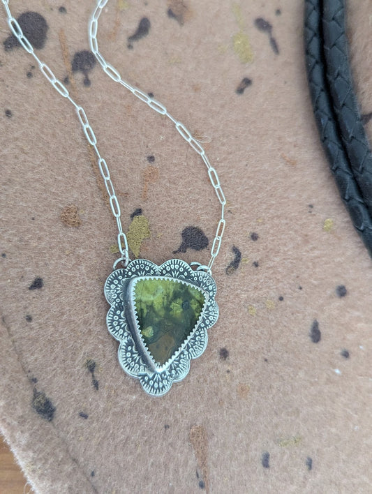Green Opal Triangle Stamped Sterling Silver Necklace