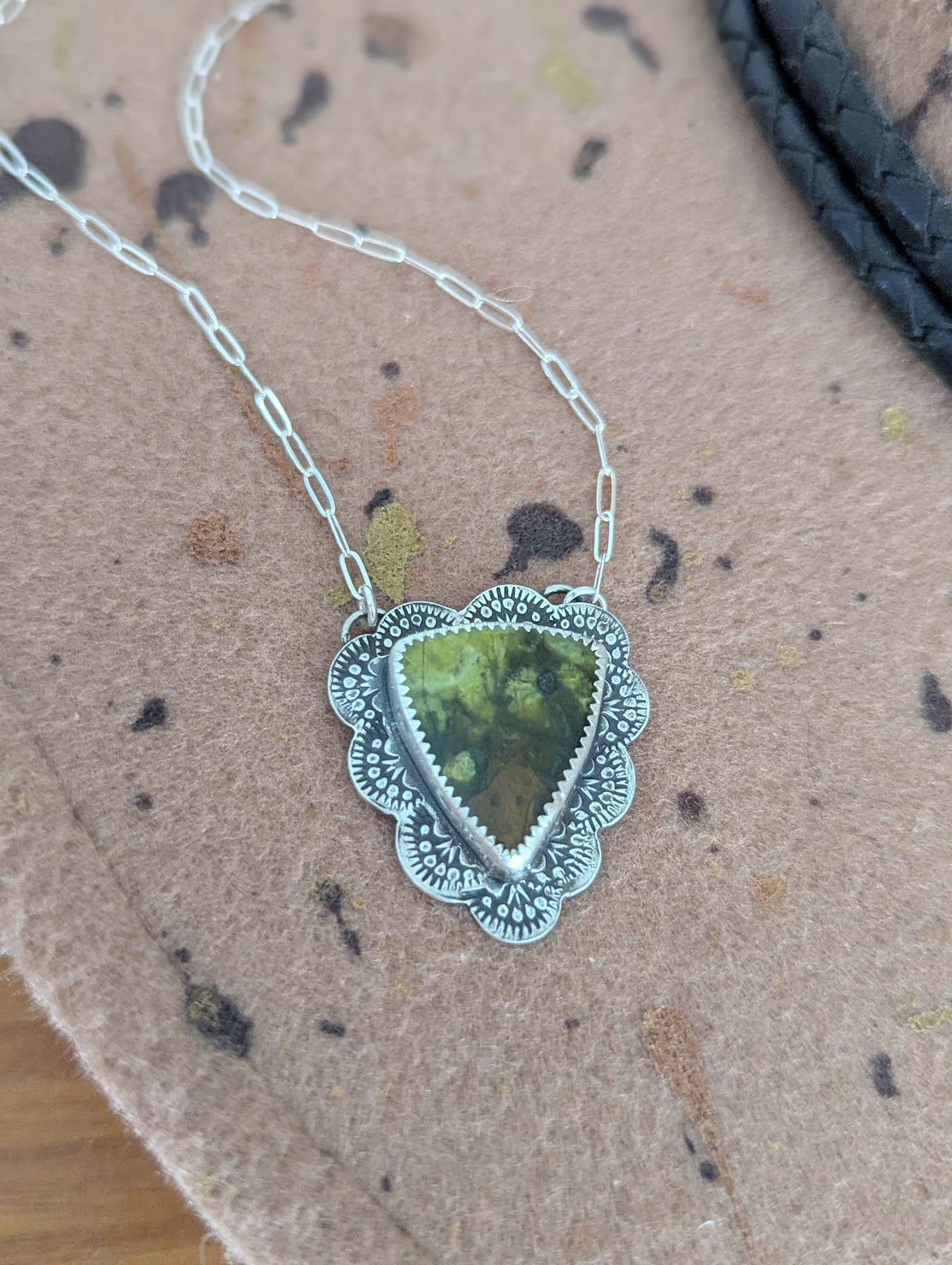 Green Opal Triangle Stamped Sterling Silver Necklace