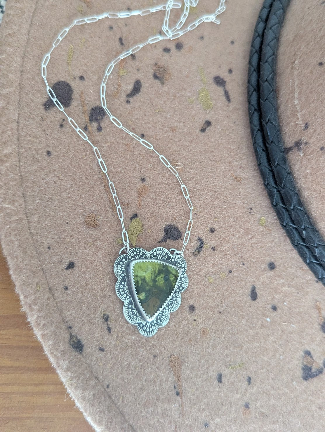 Green Opal Triangle Stamped Sterling Silver Necklace