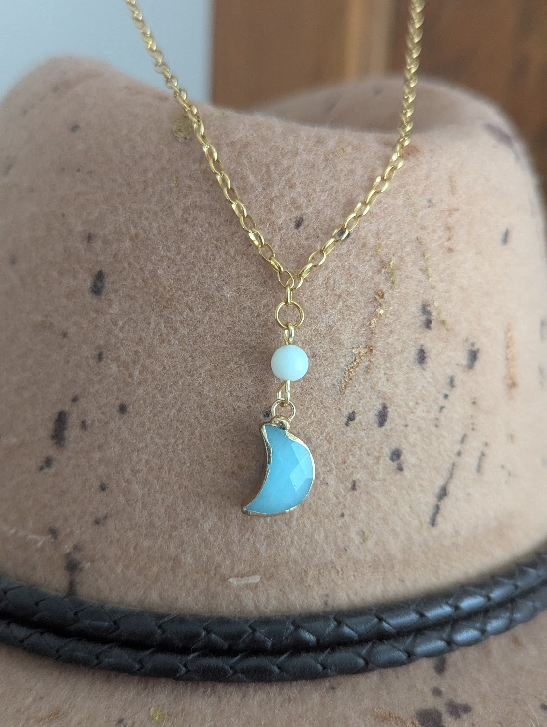 Gemstone Crescent Moon Gold Necklace (Various Options Available)