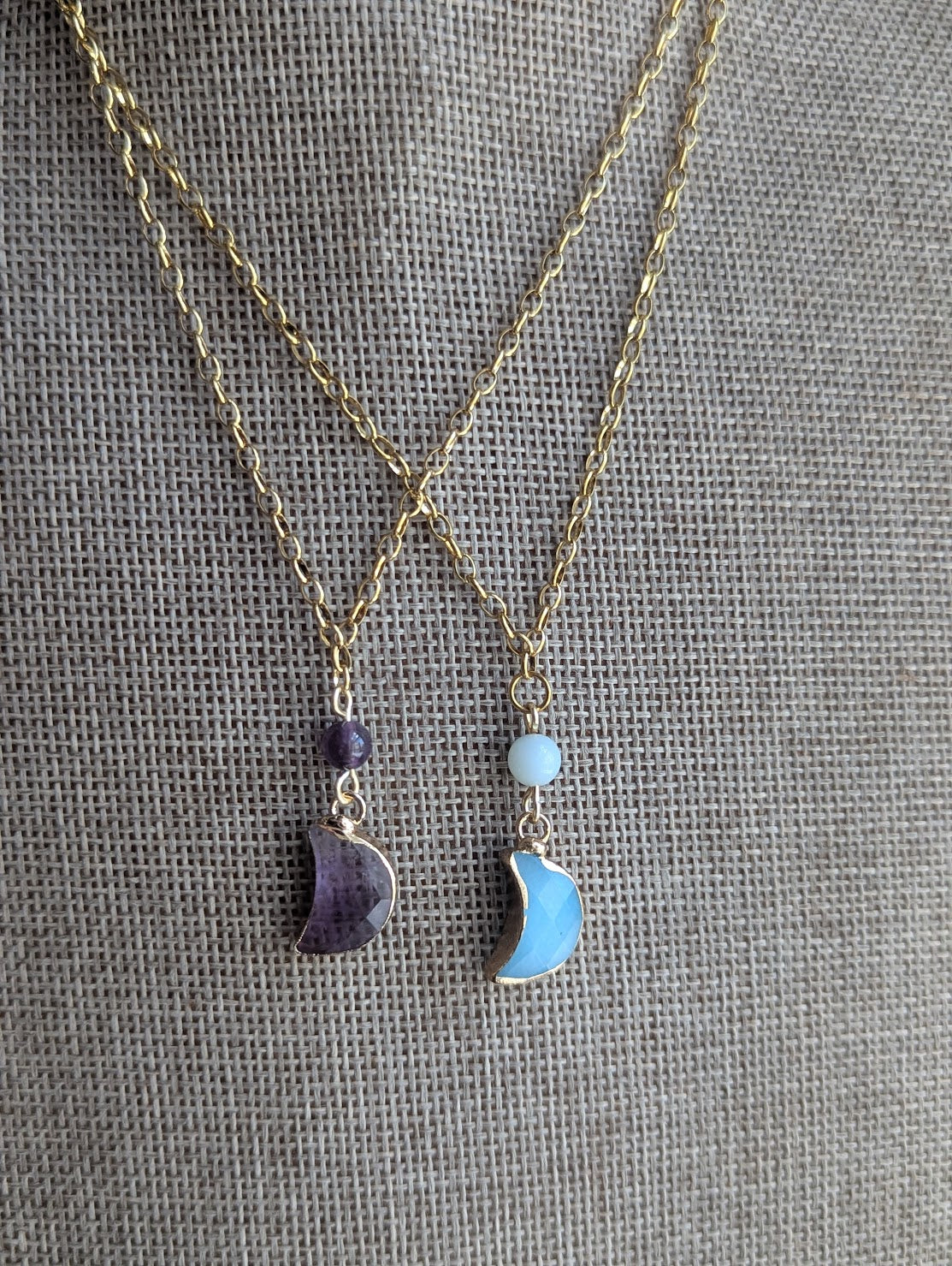 Gemstone Crescent Moon Gold Necklace (Various Options Available)