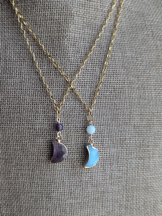 Gemstone Crescent Moon Gold Necklace (Various Options Available)