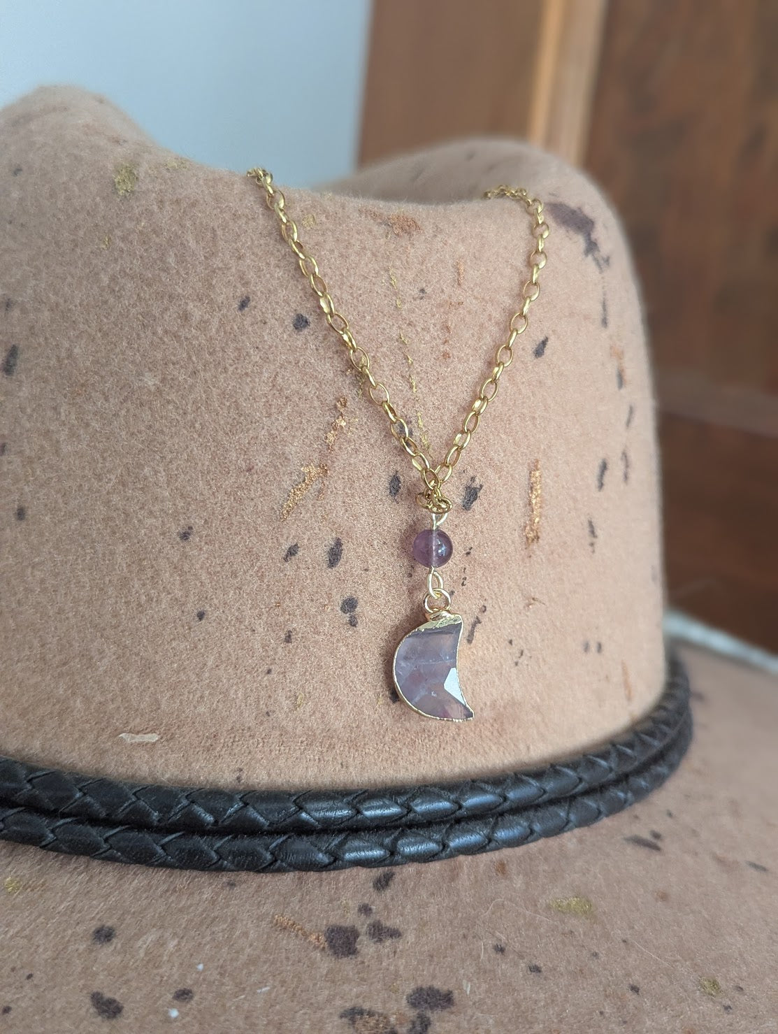 Gemstone Crescent Moon Gold Necklace (Various Options Available)