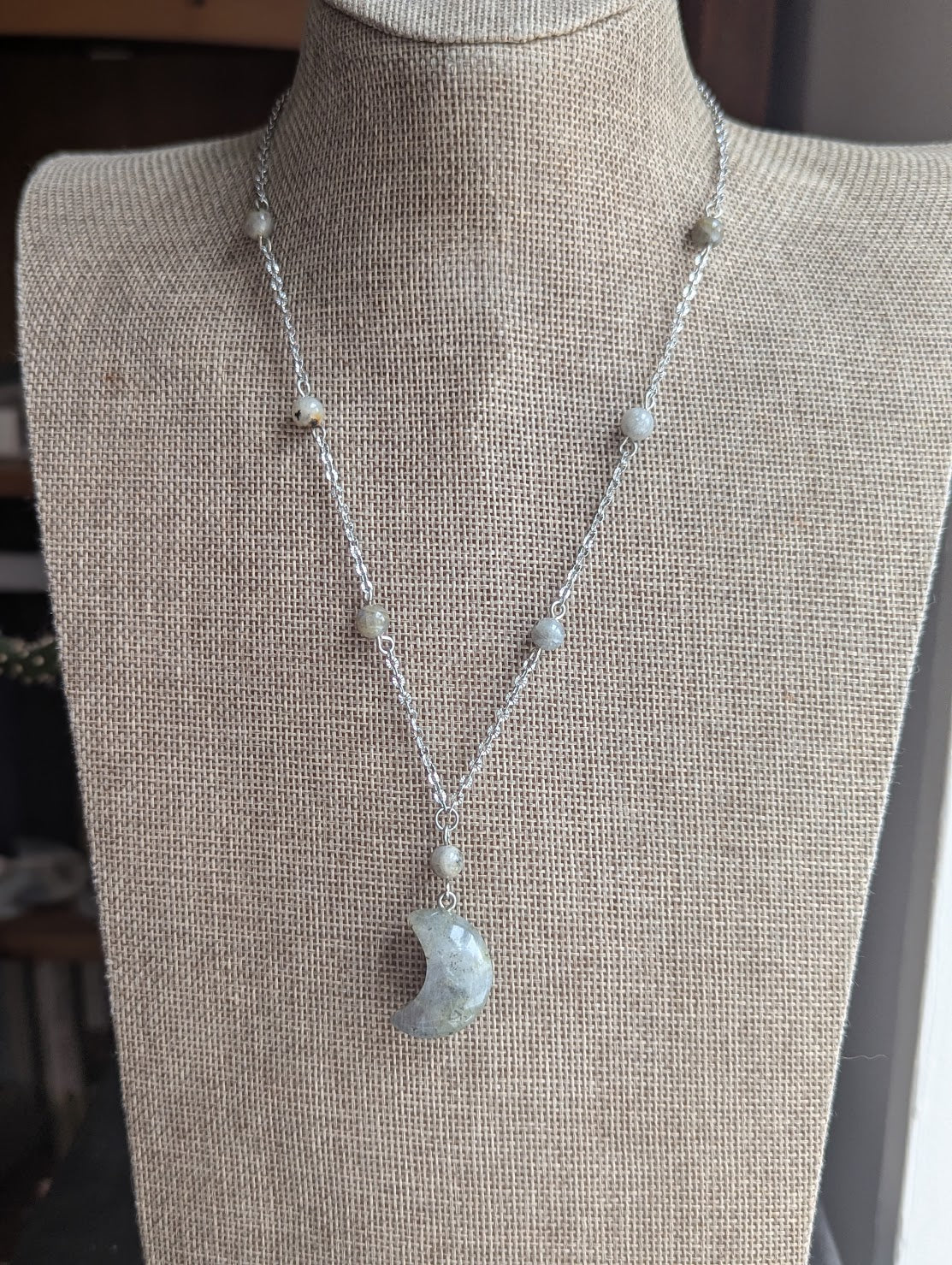 Labradorite Crescent Moon Stainless Necklace
