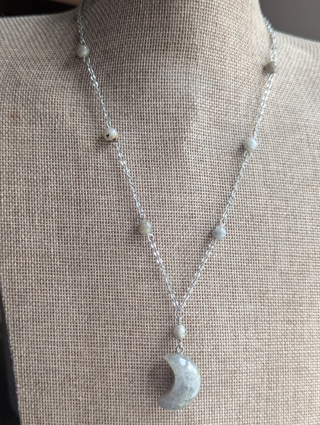 Labradorite Crescent Moon Stainless Necklace