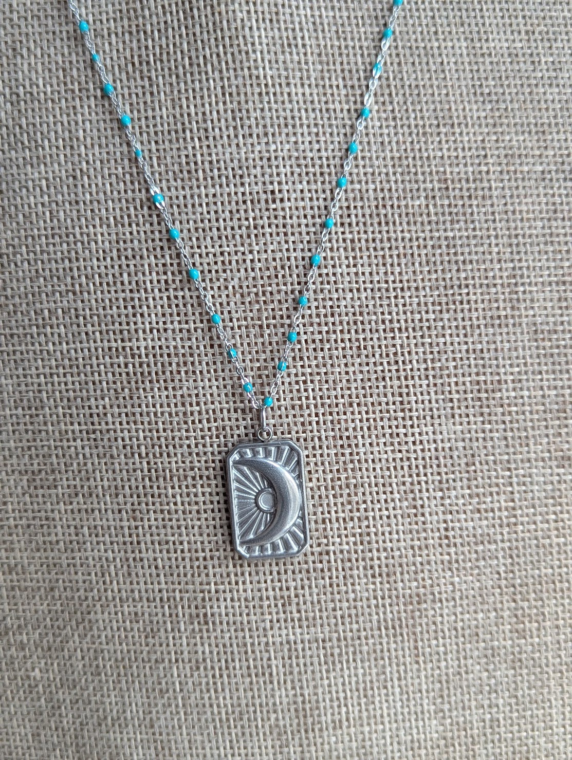 Silver Crescent Ray Turquoise Enamel Necklace