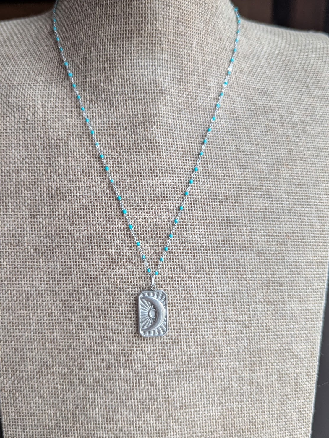 Silver Crescent Ray Turquoise Enamel Necklace