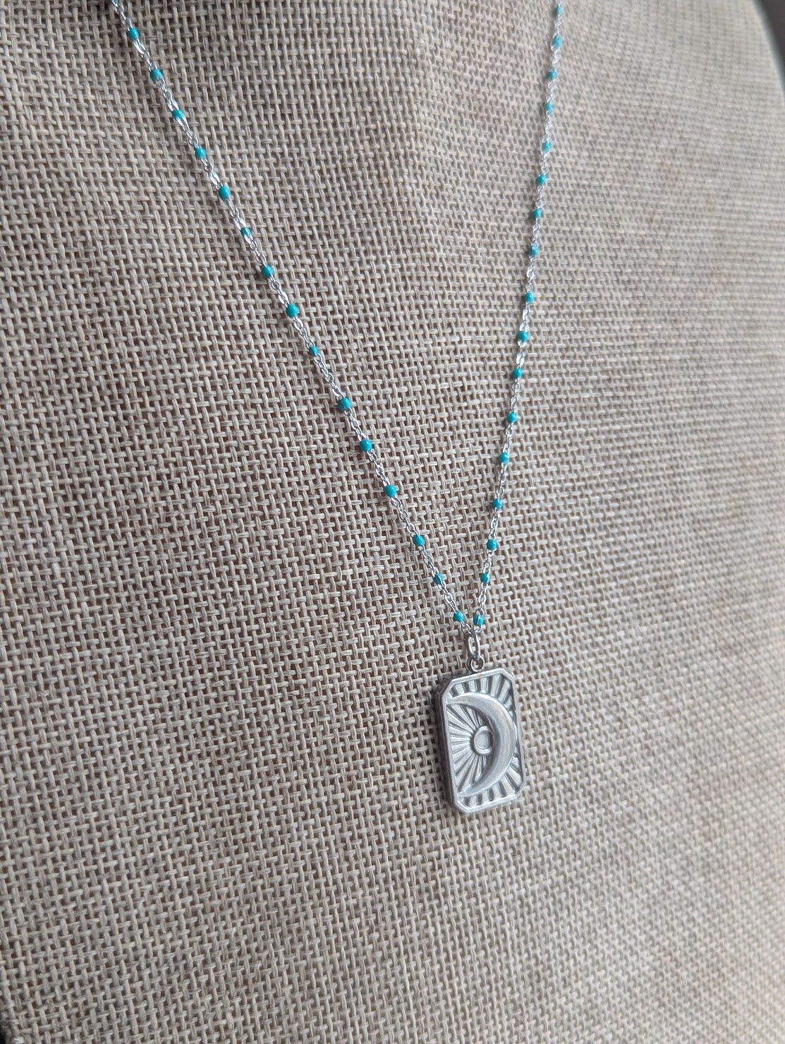 Silver Crescent Ray Turquoise Enamel Necklace
