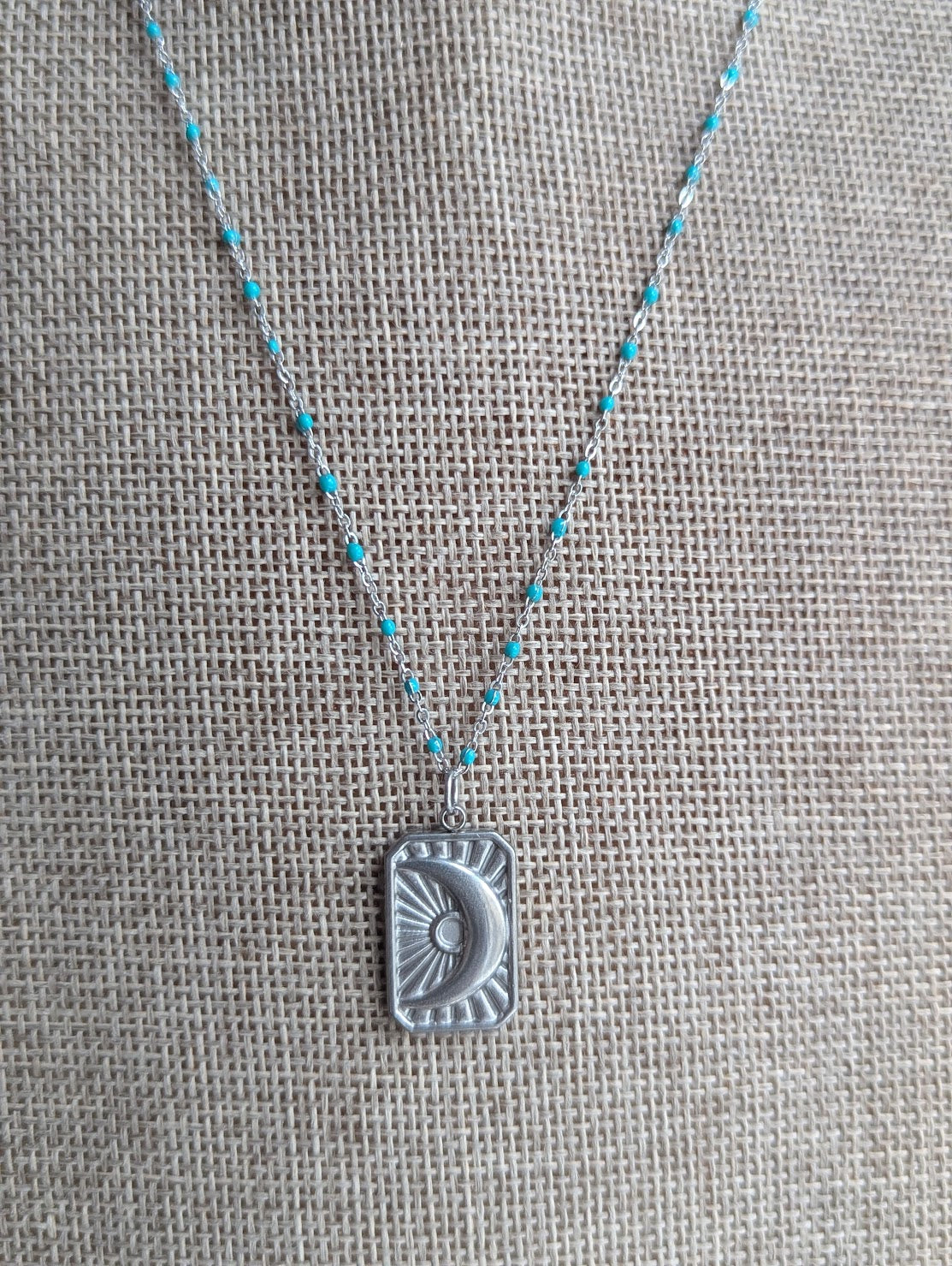 Silver Crescent Ray Turquoise Enamel Necklace