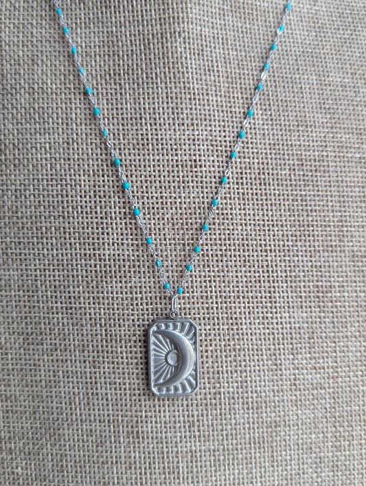 Silver Crescent Ray Turquoise Enamel Necklace