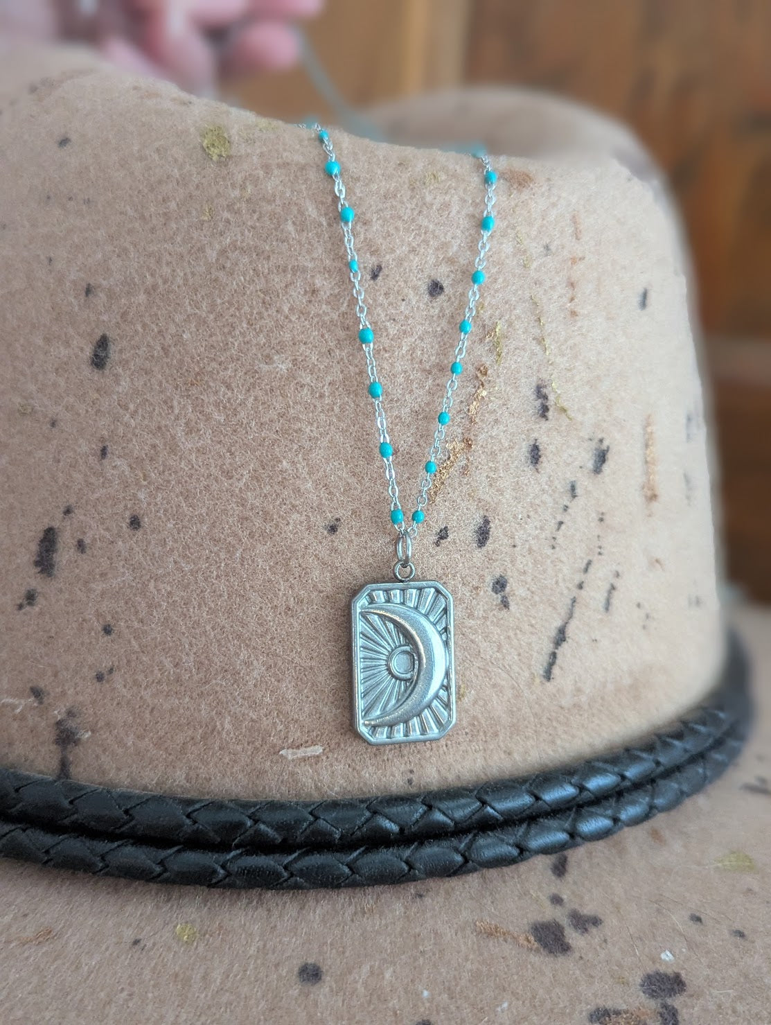 Silver Crescent Ray Turquoise Enamel Necklace
