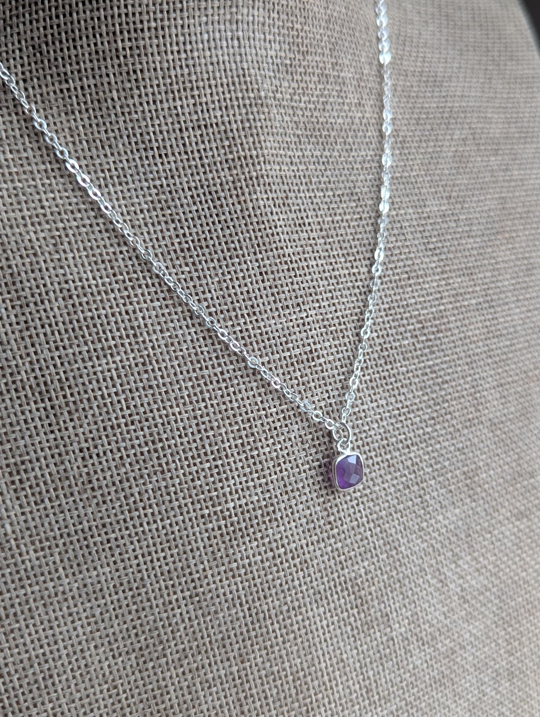 Faceted Amethyst Square Sterling Silver Necklace
