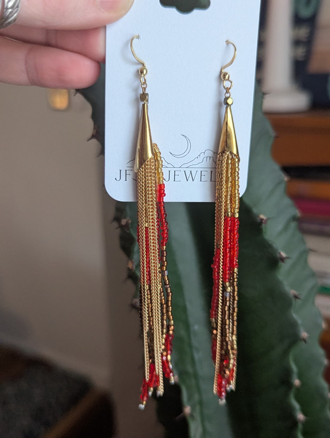 Long Beaded Red and Gold Tassel Earrings