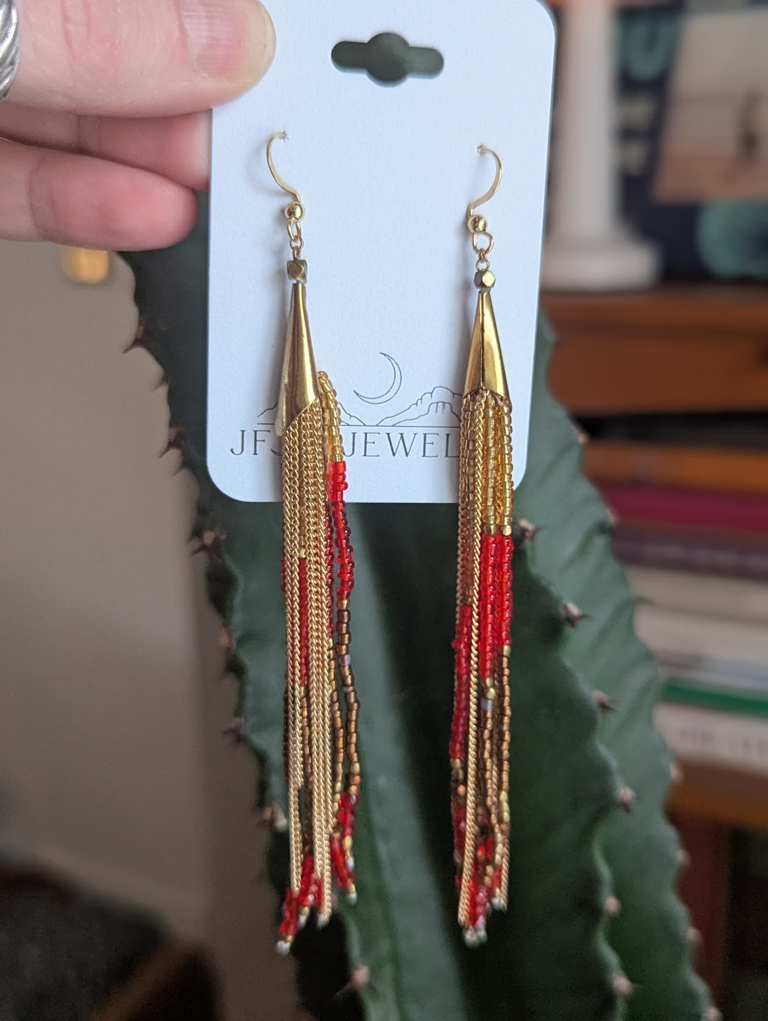 Long Beaded Red and Gold Tassel Earrings