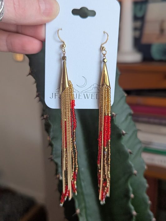 Long Beaded Red and Gold Tassel Earrings