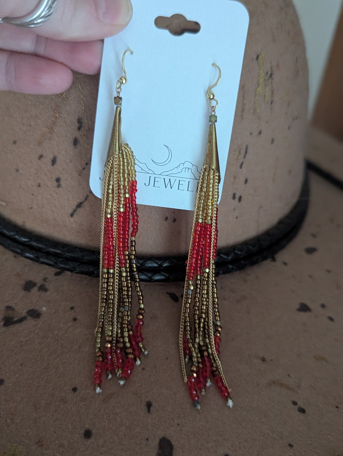 Long Beaded Red and Gold Tassel Earrings