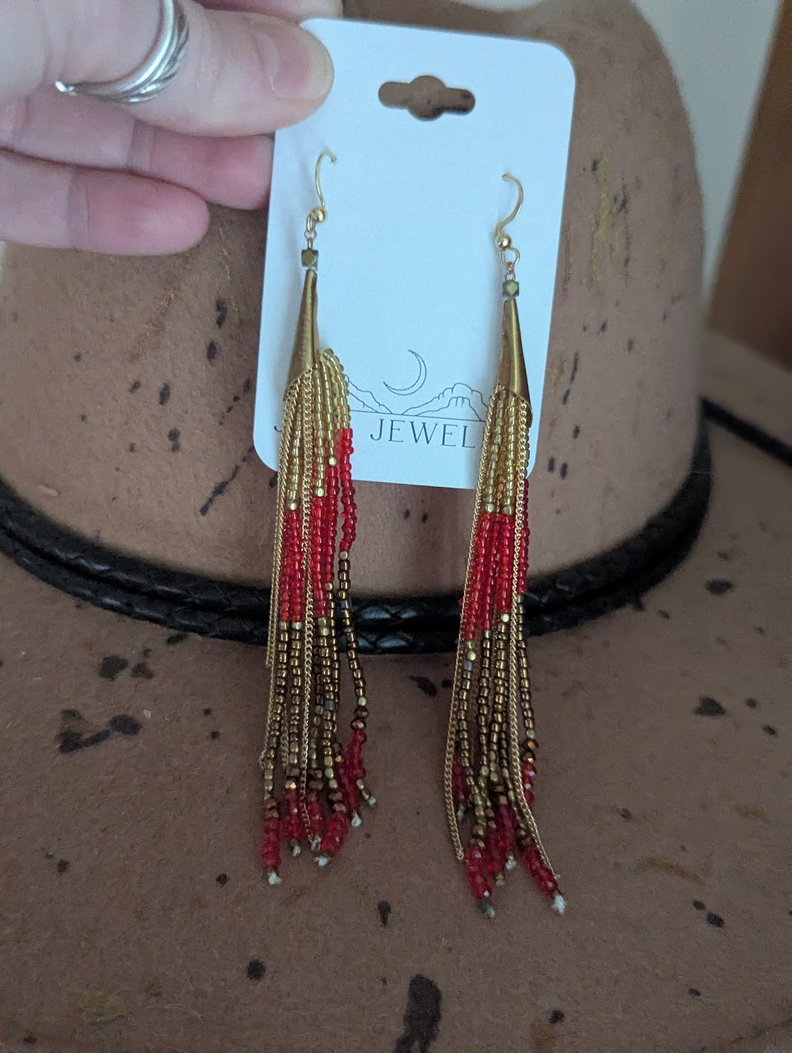 Long Beaded Red and Gold Tassel Earrings