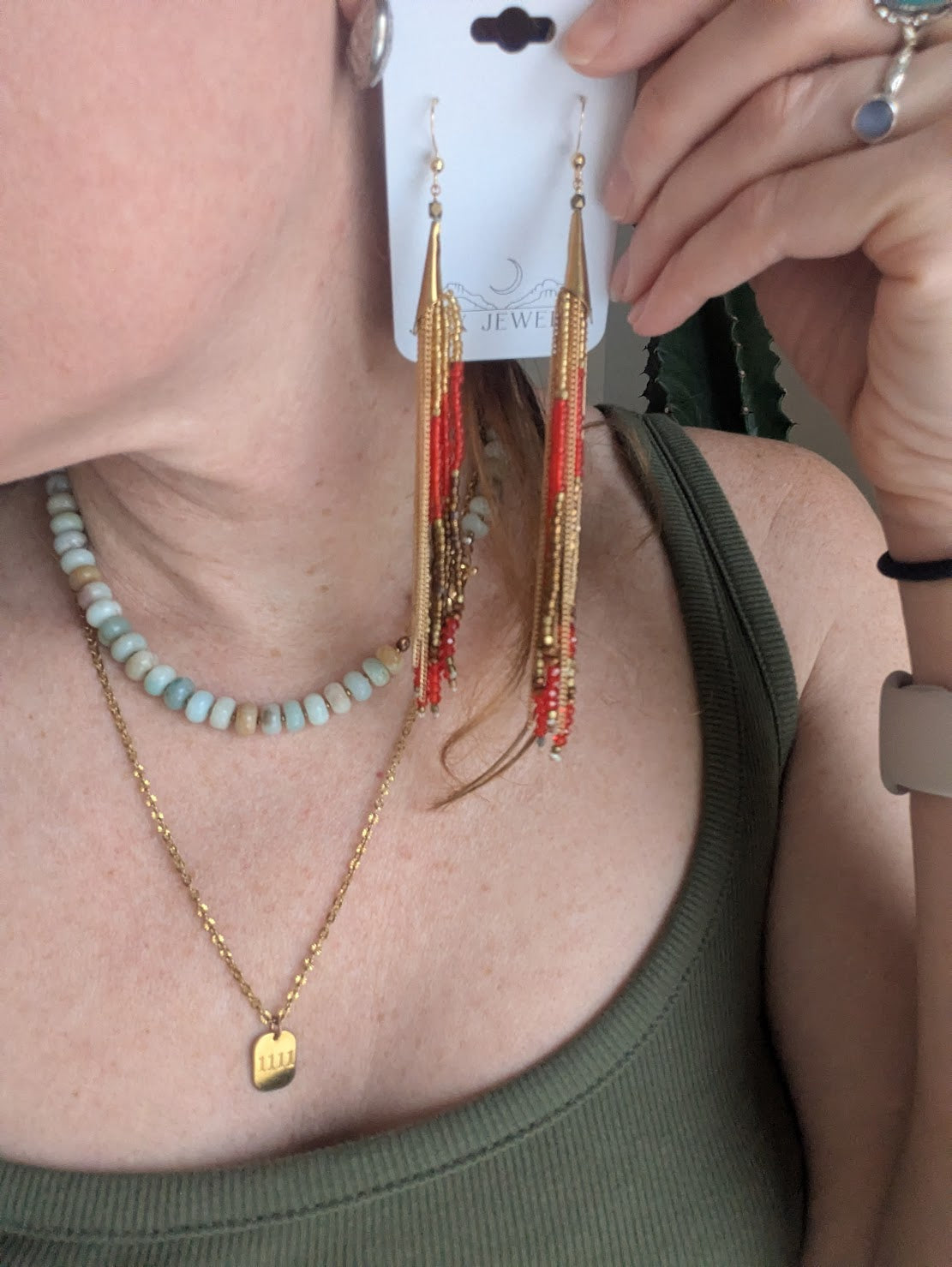 Long Beaded Red and Gold Tassel Earrings