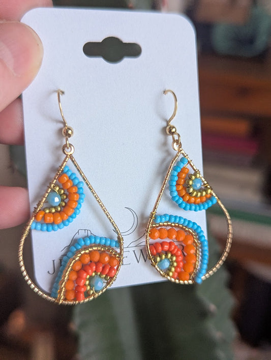 Blue and Orange Flower Beaded Tear Drop