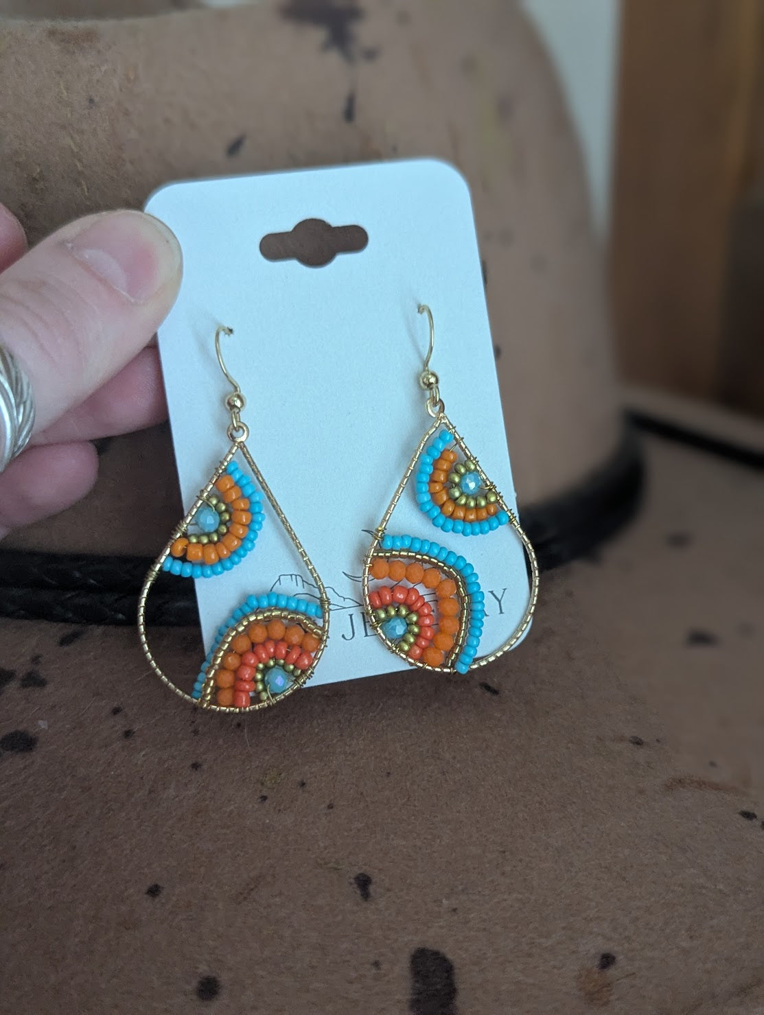Blue and Orange Flower Beaded Tear Drop