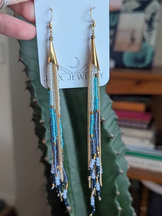Long Beaded Blue Tassel Earrings