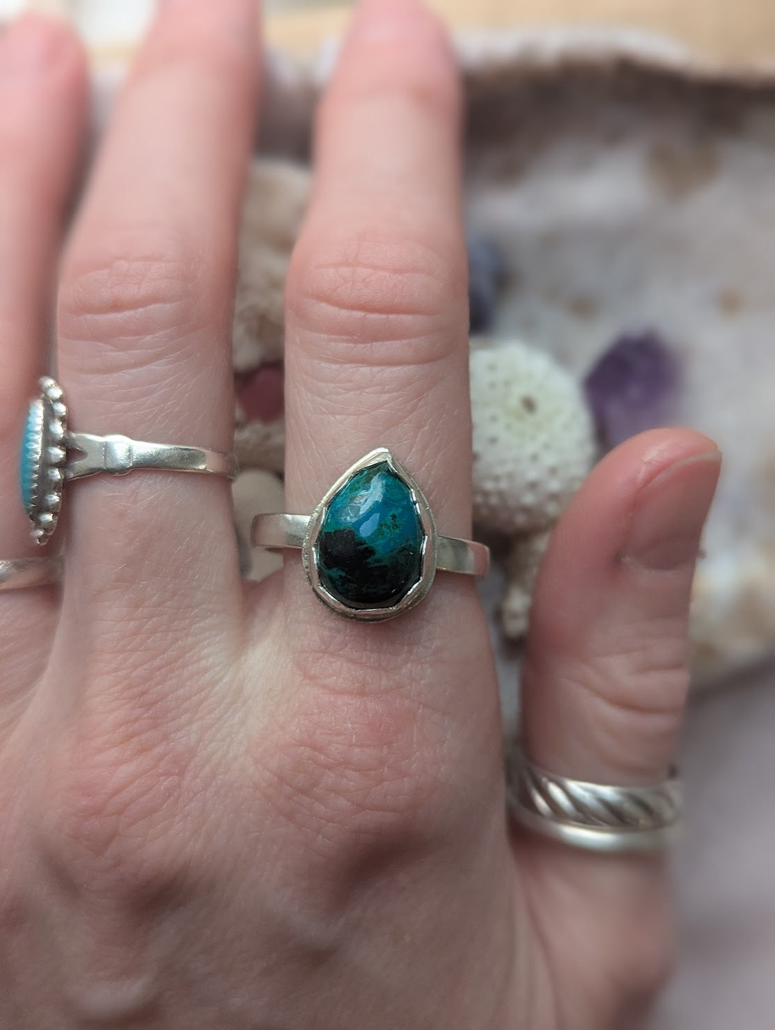 Azurite Malachite Tear Drio Sterling Silver Ring - Size 11.5