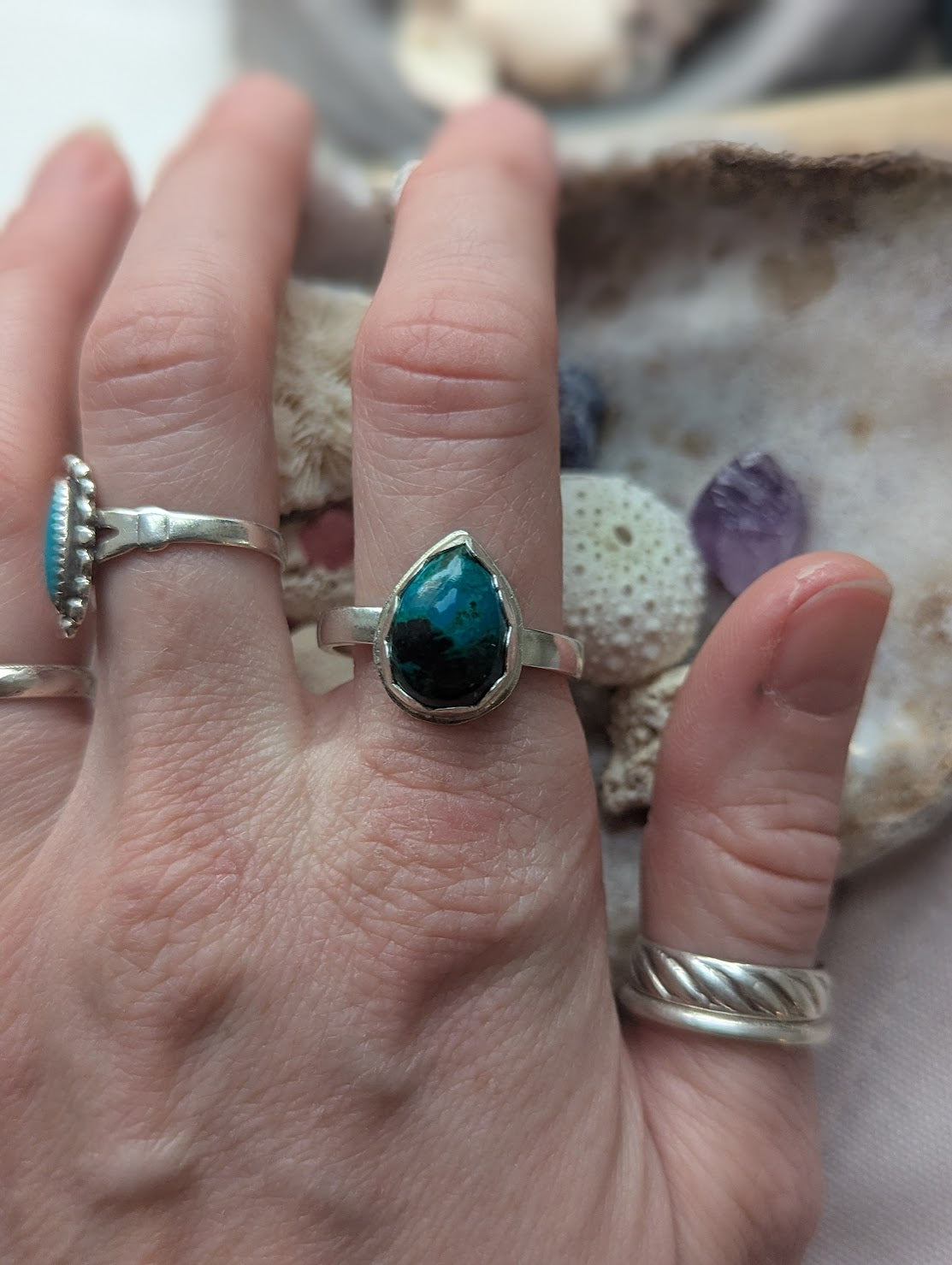 Azurite Malachite Tear Drio Sterling Silver Ring - Size 11.5