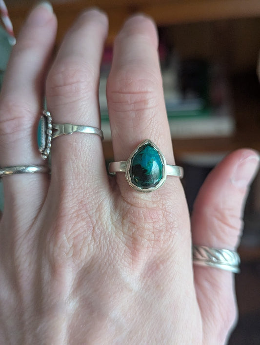 Azurite Malachite Tear Drio Sterling Silver Ring - Size 11.5