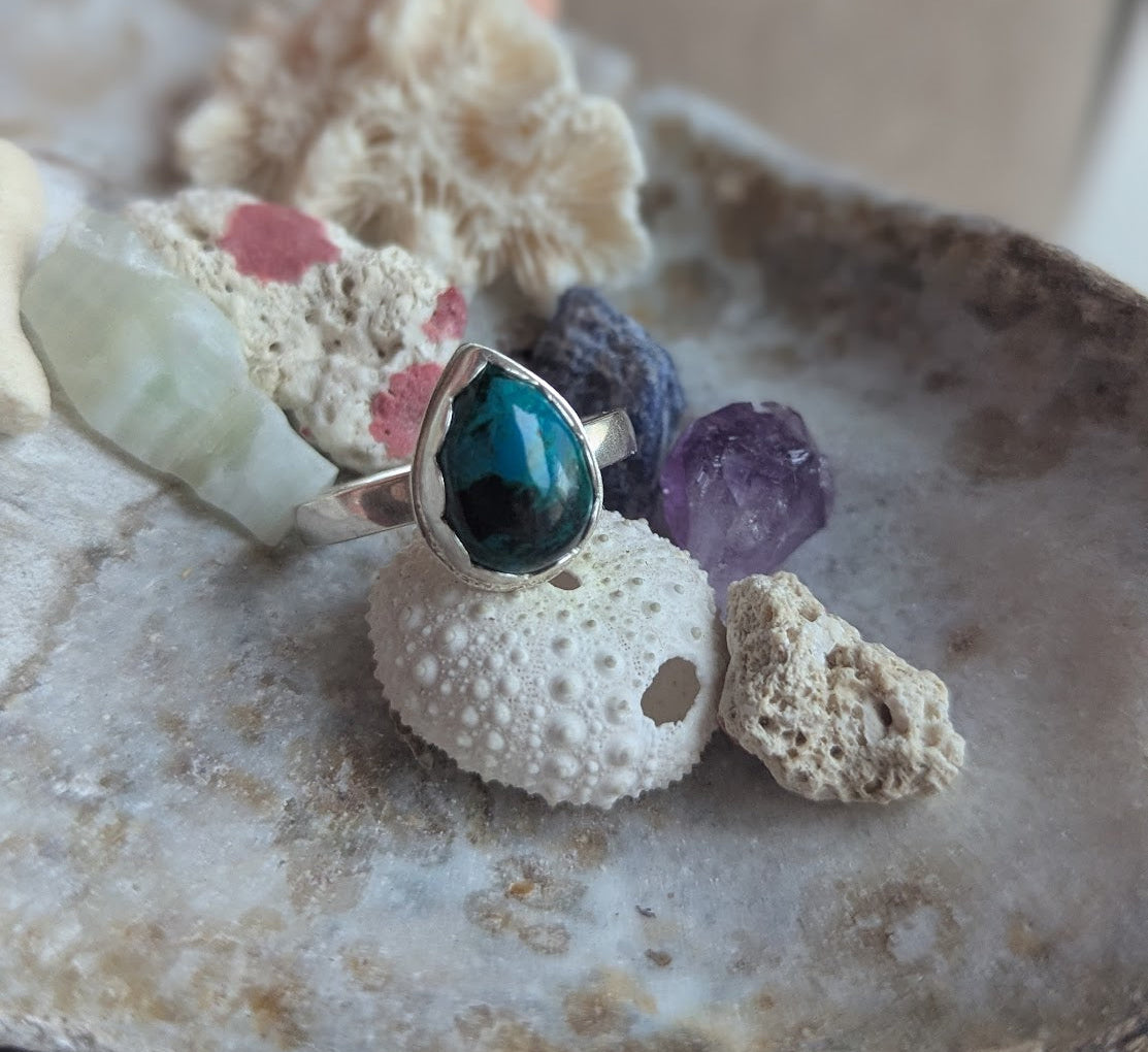 Azurite Malachite Tear Drio Sterling Silver Ring - Size 11.5