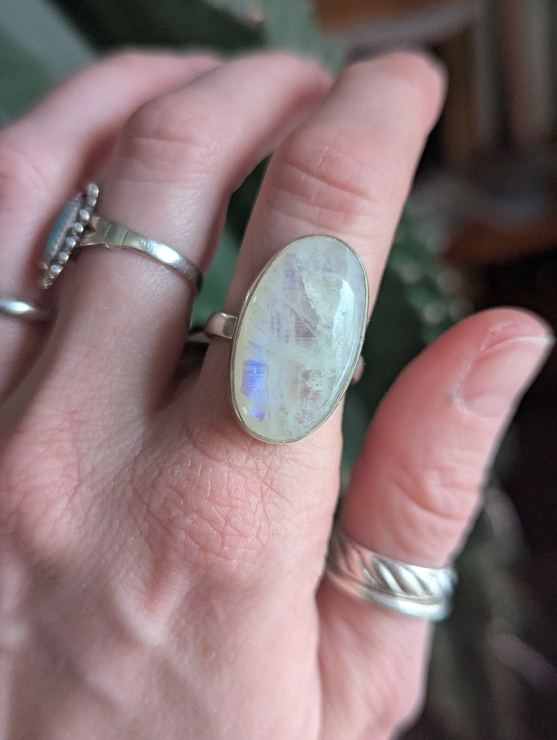 Large Oval Moonstone Sterling Silver Ring - Size 8