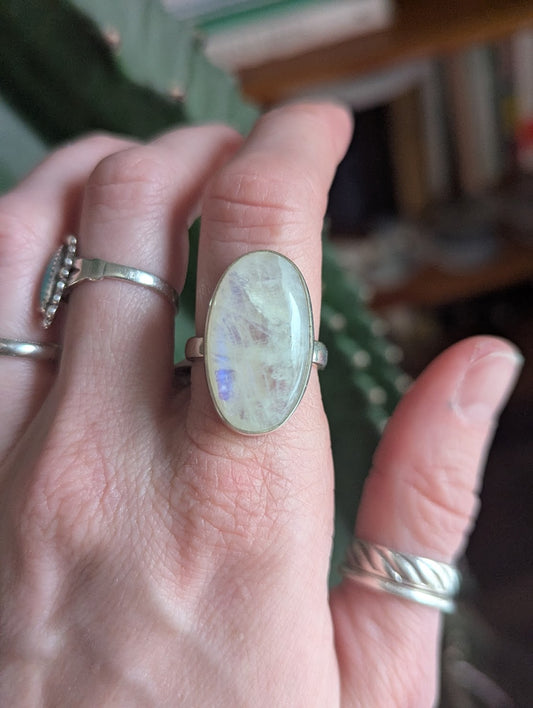 Large Oval Moonstone Sterling Silver Ring - Size 7.5 & 8