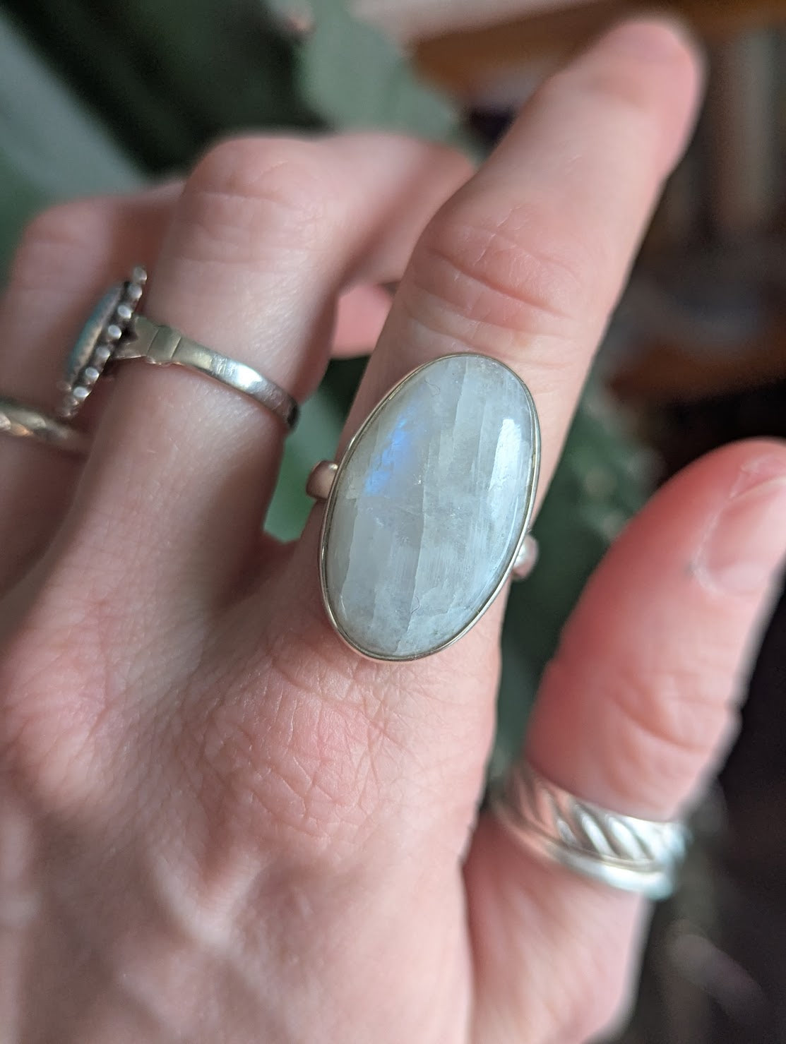 Large Oval Moonstone Sterling Silver Ring - Size 8