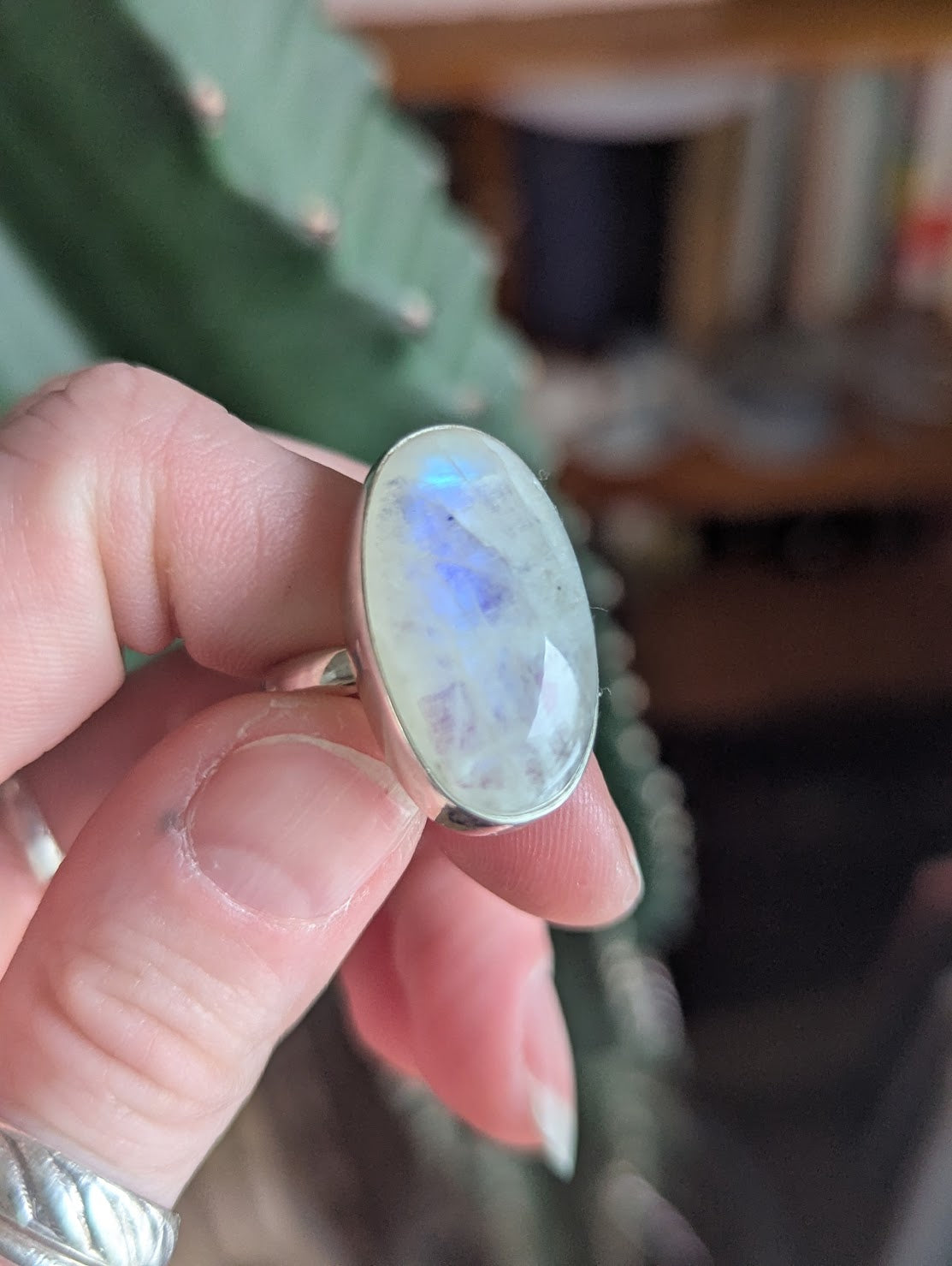 Large Oval Moonstone Sterling Silver Ring - Size 8