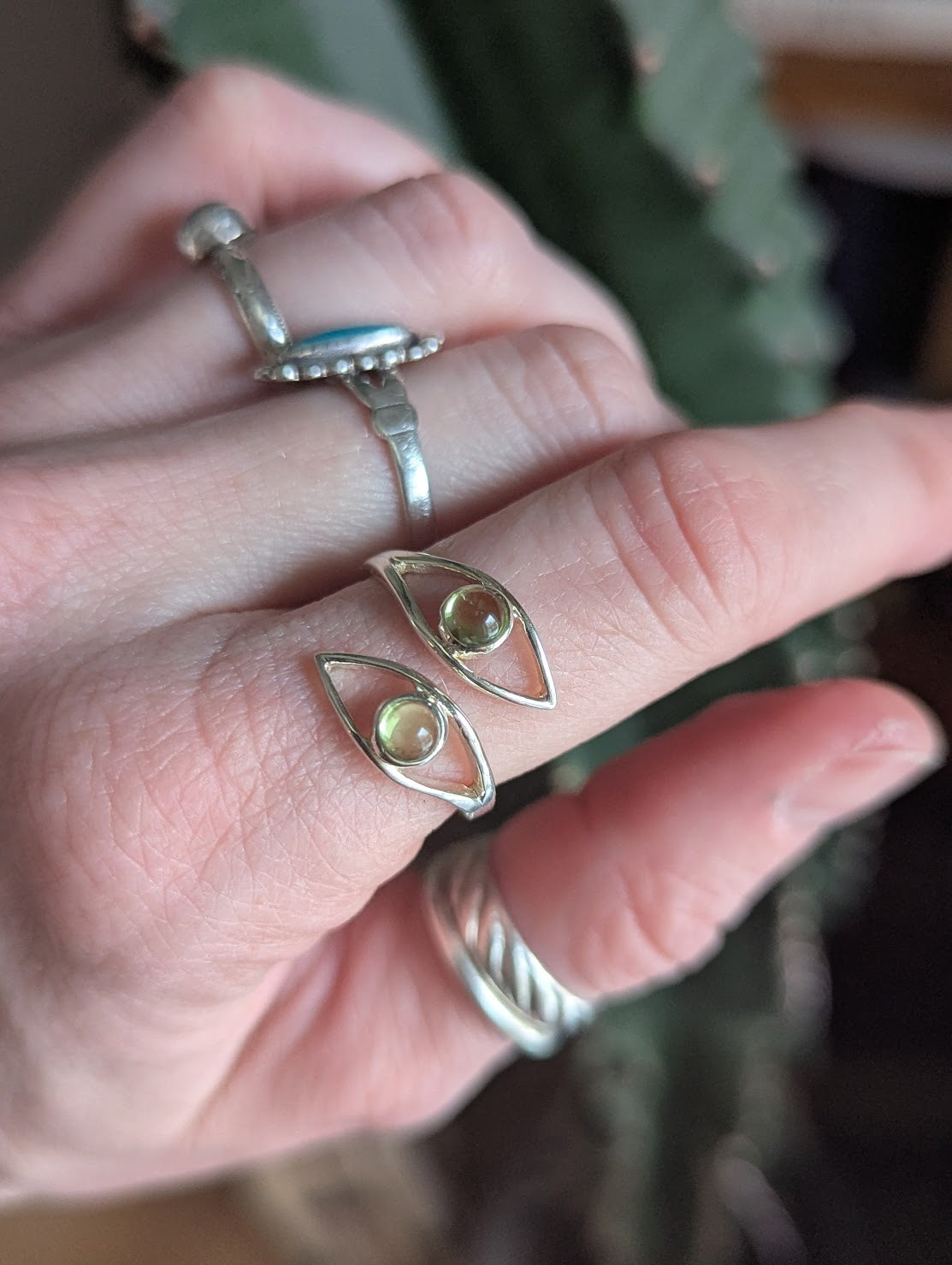 Peridot Eye Sterling Silver Ring (Ready to Ship) Sizes 8 + 9