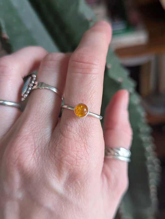 6mm Amber Sterling silver Ring - size 9.5