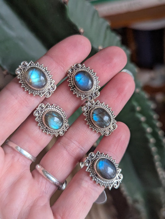 Embellished Labradorite Oval Sterling Silver Rings (Ready to Ship - Various Sizes Available)