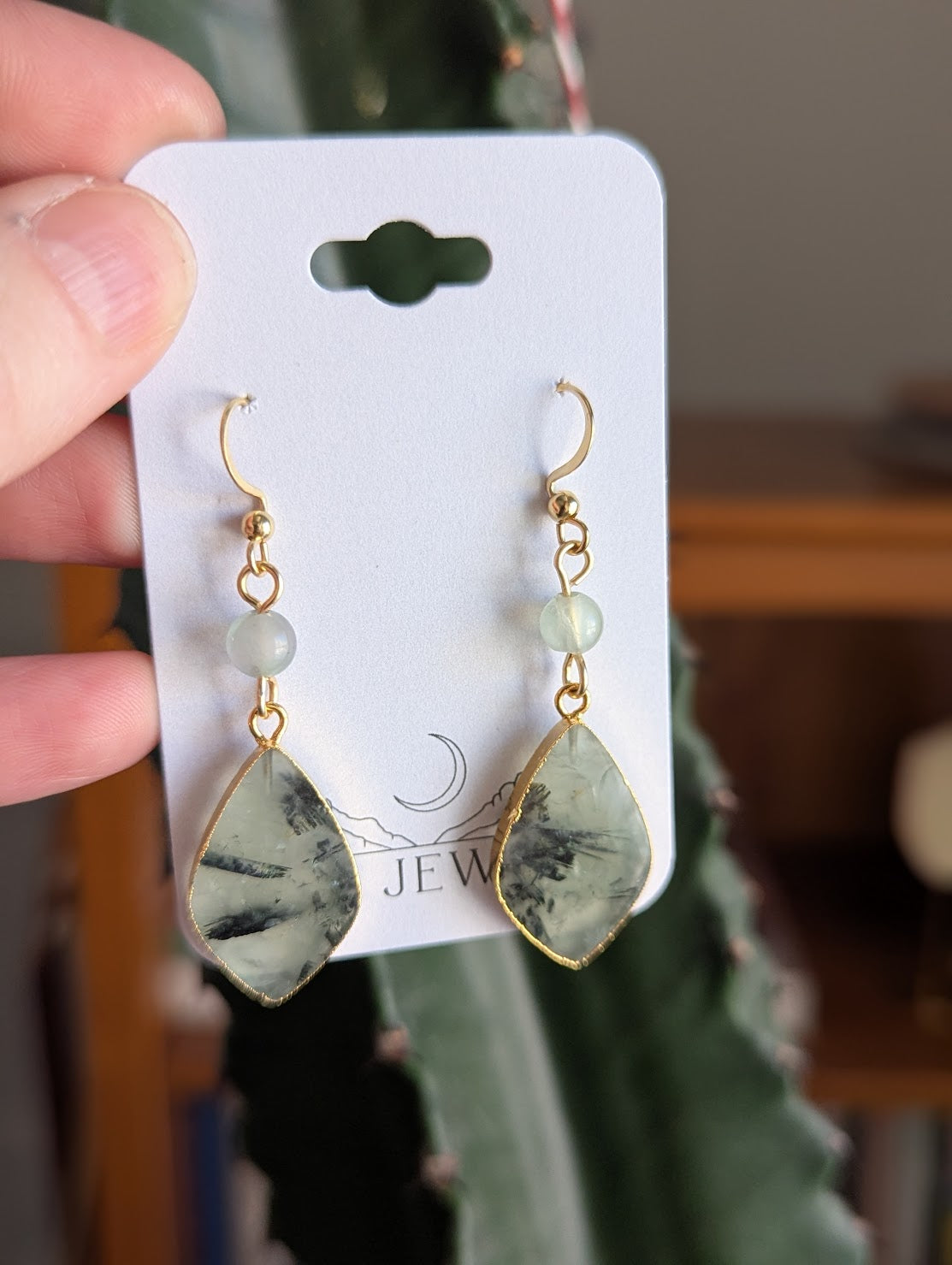Prehnite and Fluorite Gold Earrings
