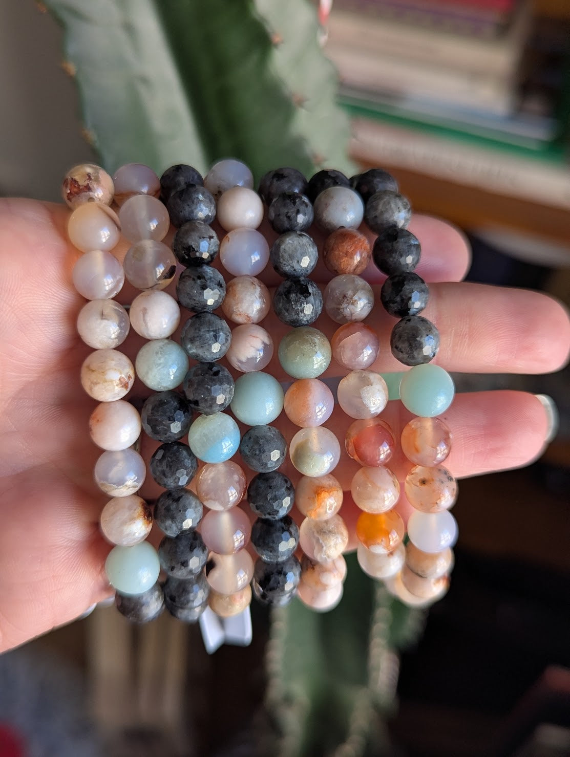 Cherry Flower Agate, Larvikite &amp; Amazonite Stretch Bracelet (Various Sizes Available)