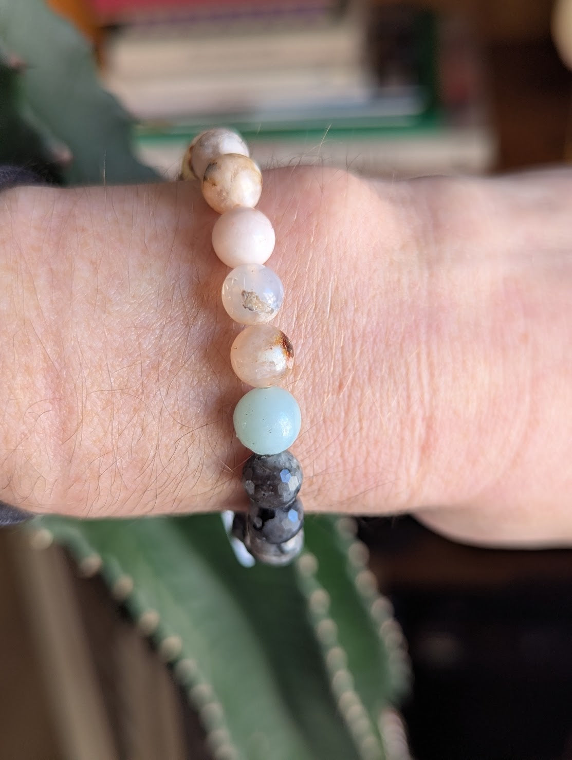 Cherry Flower Agate, Larvikite &amp; Amazonite Stretch Bracelet (Various Sizes Available)