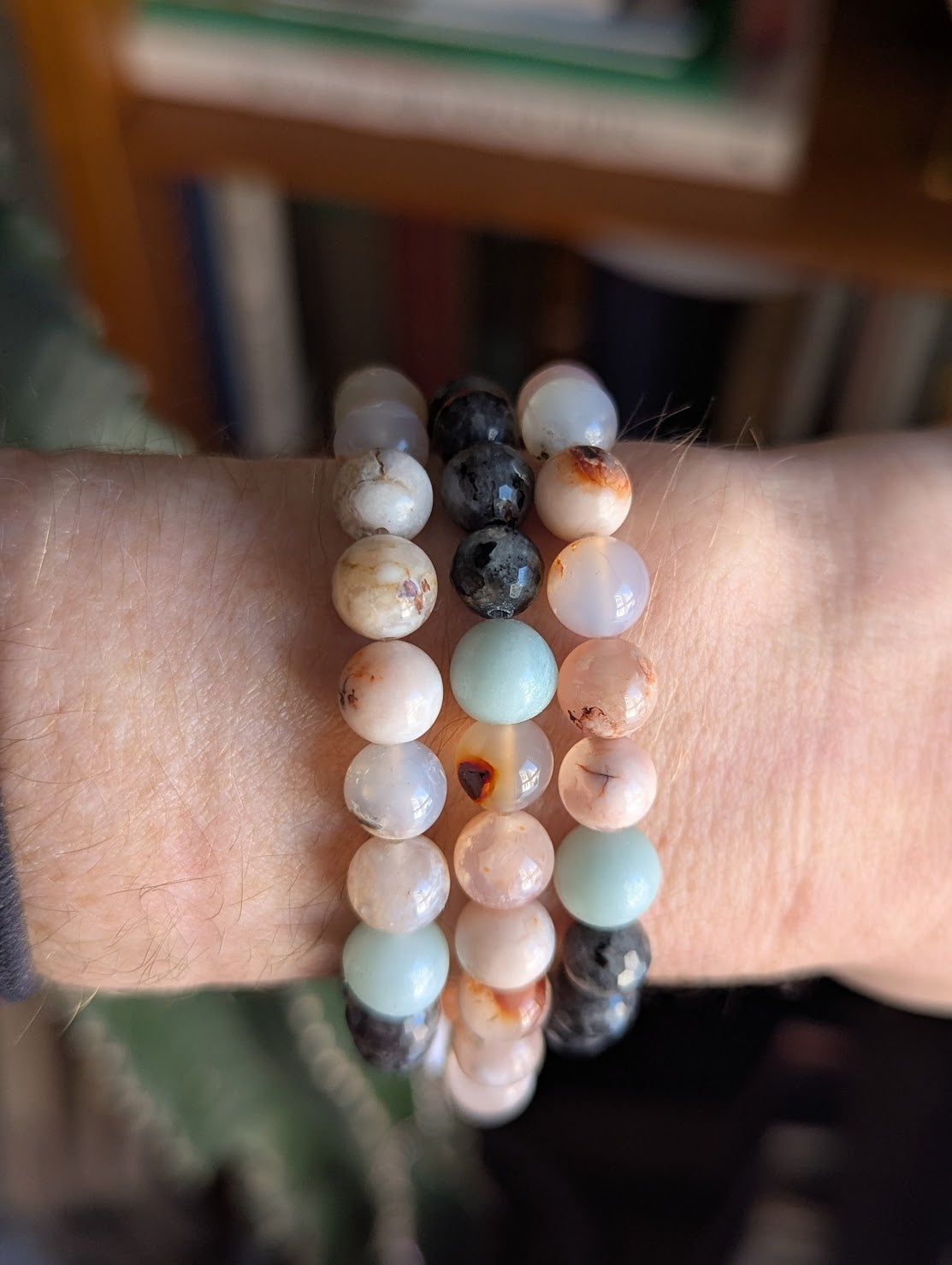 Cherry Flower Agate, Larvikite &amp; Amazonite Stretch Bracelet (Various Sizes Available)