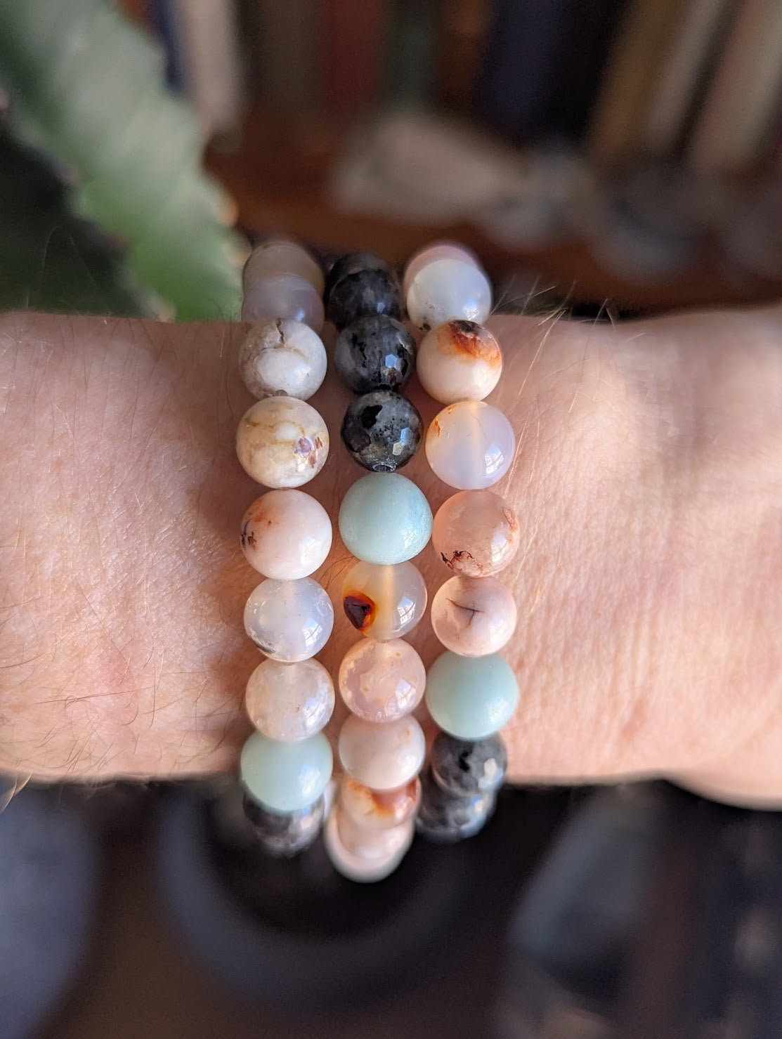 Cherry Flower Agate, Larvikite &amp; Amazonite Stretch Bracelet (Various Sizes Available)