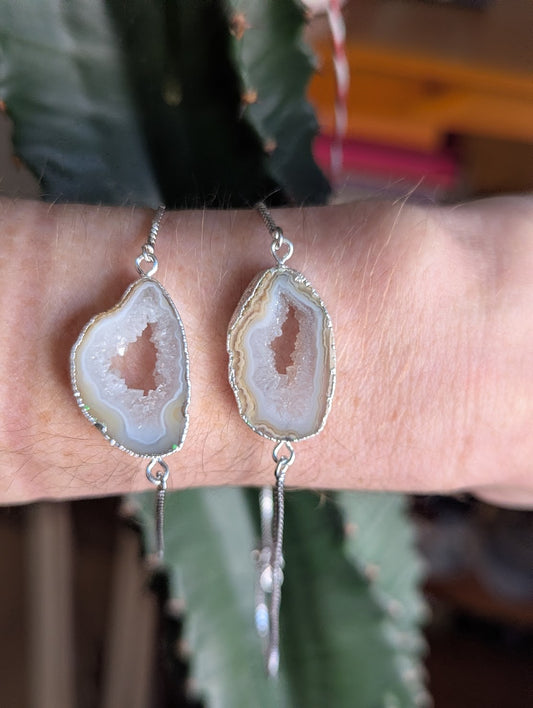 Natural Agate Druzy Slice Silver Slider Bracelet (Various Stones Available)