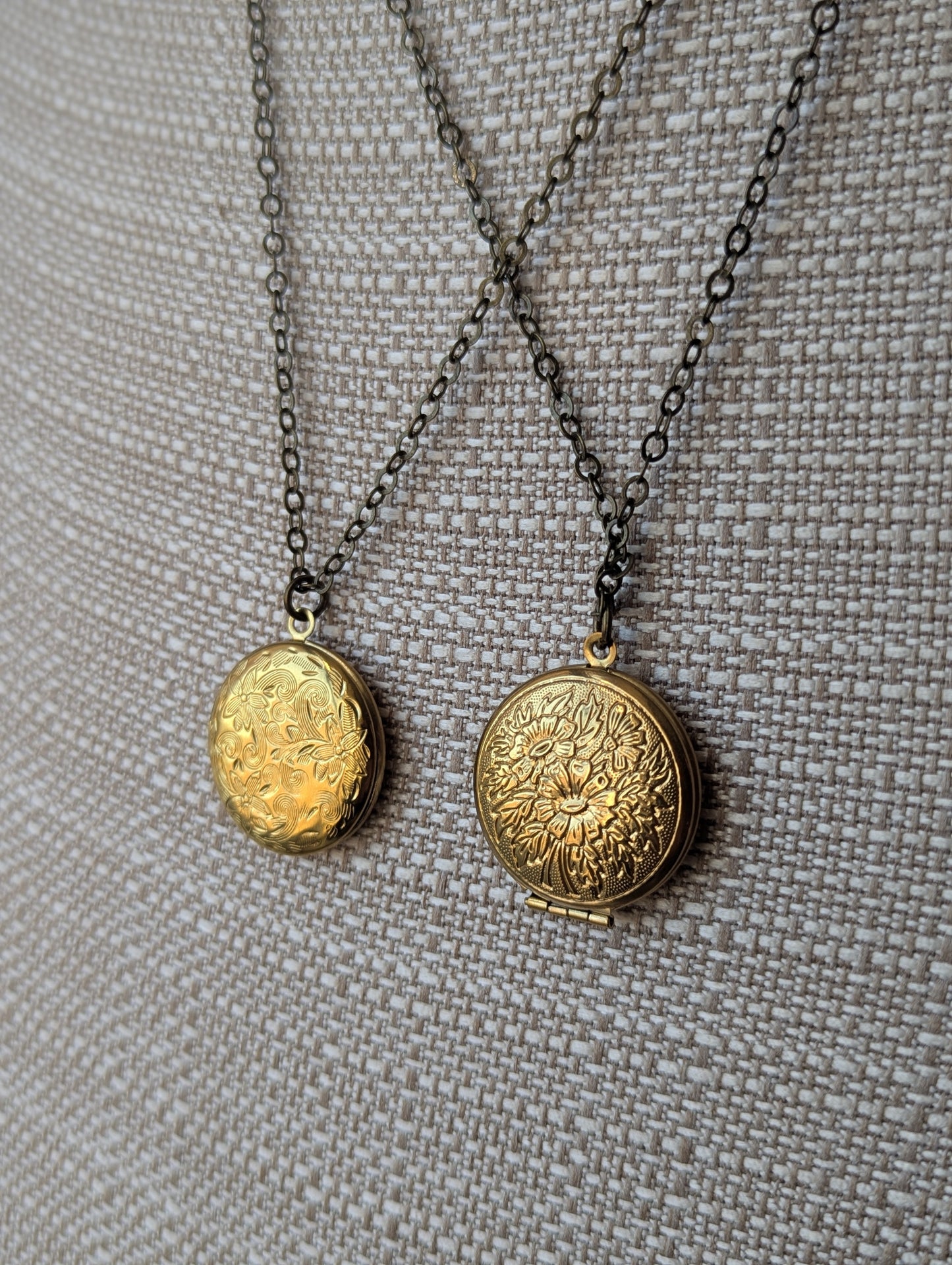 Round Floral Carved Brass Locket Necklace (various styles available)